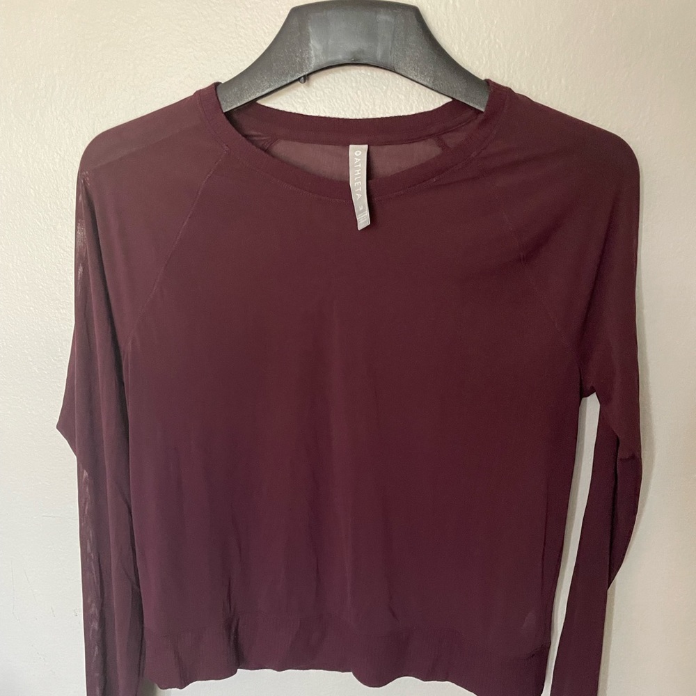 Sheer burgundy maroon long sleeve work out top.